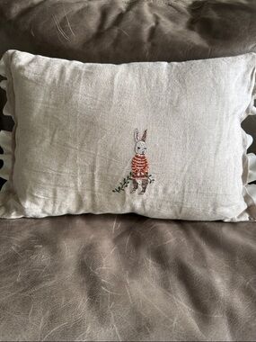 Coral & Tusk Embroidered Rabbit Pillow 10X17 Bunny Ribbon Linen Natural Fibers